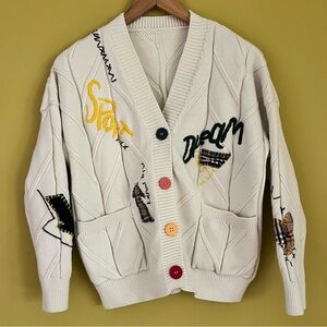 Y2K Women's Cable Knit Colorful Embroidered Patchwork-Preppy Cardigan Sweater  S